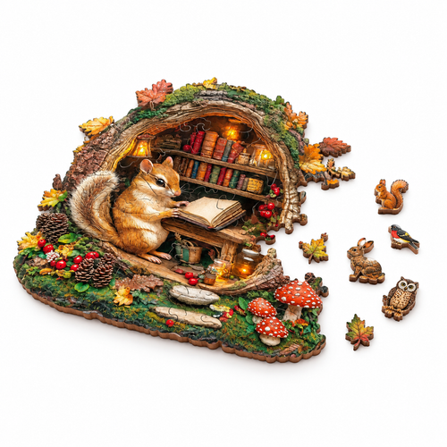 Chipmunk Reading in Tree Hollow Wooden Puzzle Animal Pieces - alternate view