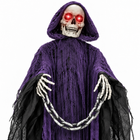 6ft animatronic Grim Reaper close-up: skull with glowing red LED eyes under the purple hood, bony hands and chain