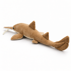 Rear three-quarter view of the realistic sawshark plush with dorsal fins and long tail fin
