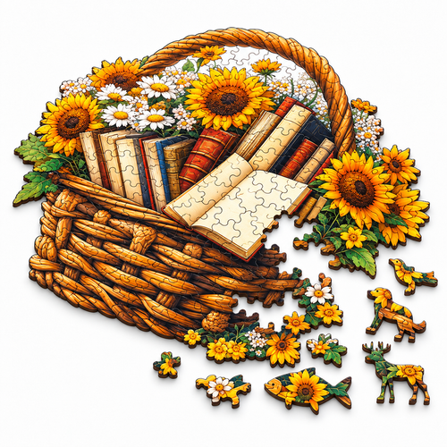Sunflower Book Basket Wooden Puzzle Animal Pieces Floral Decor - alternate view