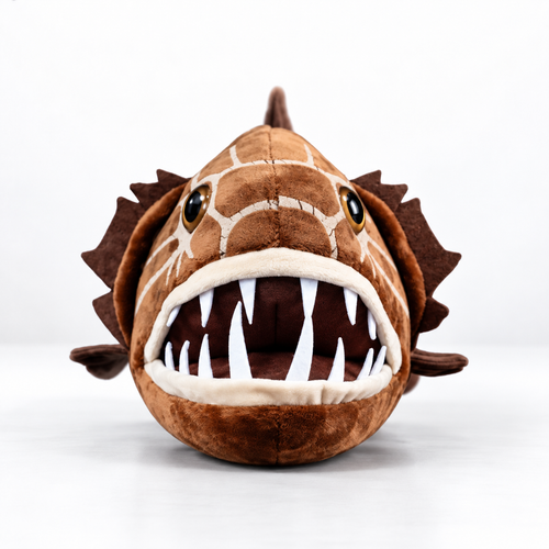 36cm golden-eyed grouper plush head-on front view with open mouth and white felt teeth