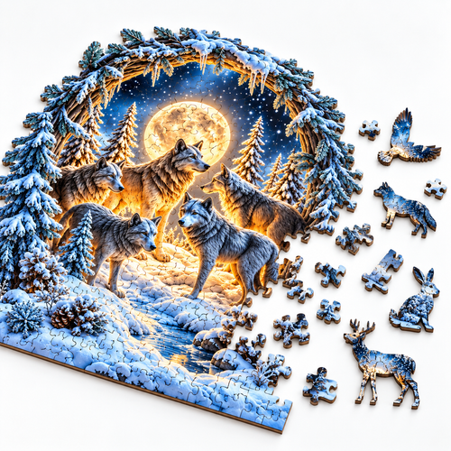 Magical Winter Wolf Forest Wooden Puzzle - Artistic Handicraft Decor - alternate view