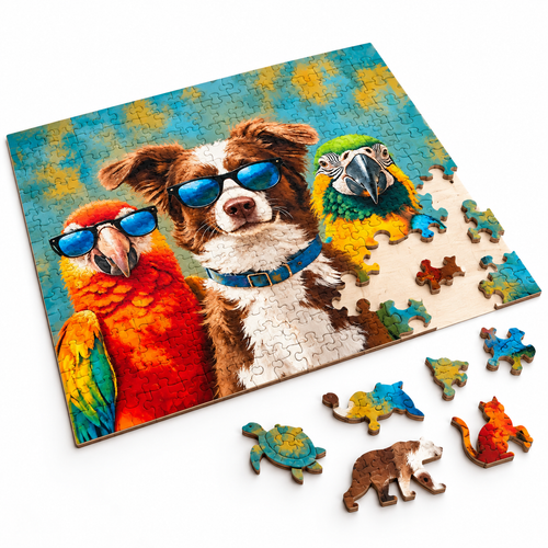 Cool Canine - Tropical Parrots Wooden Jigsaw Puzzle Unique Animal Shaped Pieces - alternate view