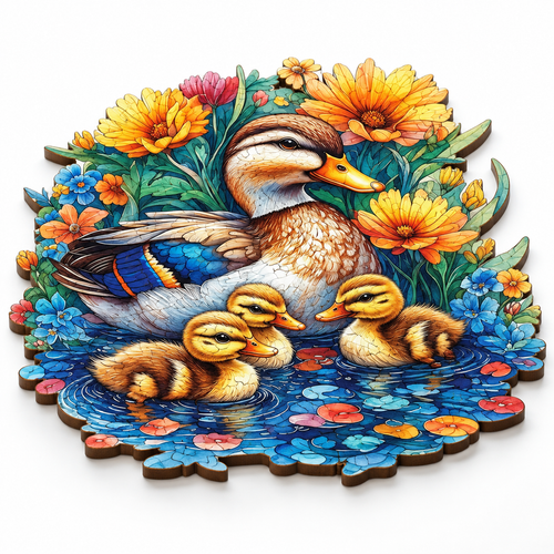 Duck Family & Flowers Wooden Jigsaw Puzzle - Unique Animal-Shaped Pieces - alternate view