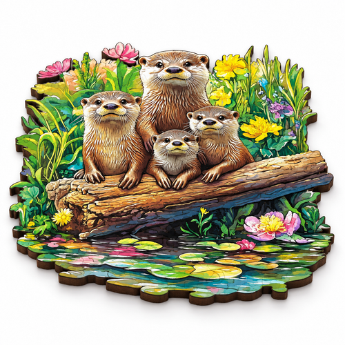 Adorable Otter Family Wooden Jigsaw Puzzle - Unique Animal-Shaped Pieces - alternate view