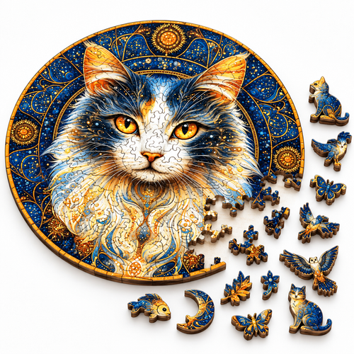 Elegant Cat Wooden Jigsaw Puzzle Golden-Blue Round Artwork - alternate view