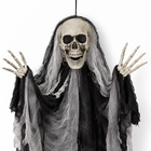 Close-up of the hanging grim reaper skull face, raised bony hands and grey gauze hood