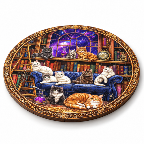 Fantasy Starry Library Cats Round Wooden Puzzle Wall Decor - alternate view