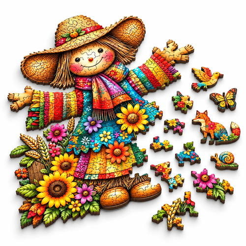 Fall Harvest Scarecrow Wooden Puzzle Irregular Art Decor - alternate view