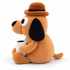 This Is Fine coffee dog plush toy left side profile with long black ear, bowler hat and tail