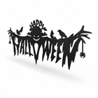 Black metal Happy Halloween wall plaque at a three-quarter angle showing its depth and shadow