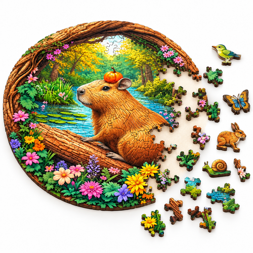Capybara with Pumpkin Wooden Jigsaw Puzzle Forest Art Decor - alternate view