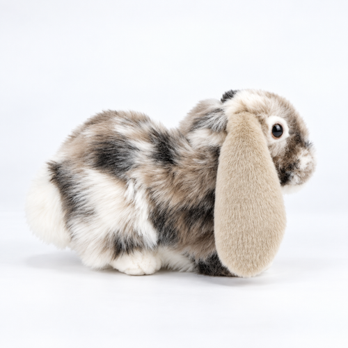 15cm lop-eared rabbit plush side profile showing the patchy grey-brown fur and long beige ear