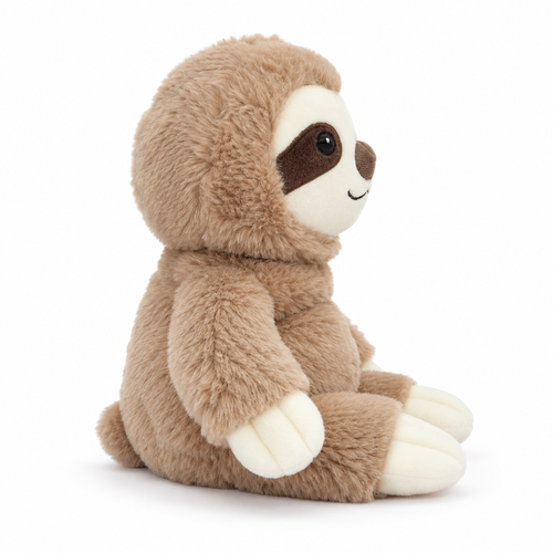 Microwavable sloth plush side profile, sitting, with soft light brown fur and cream paws