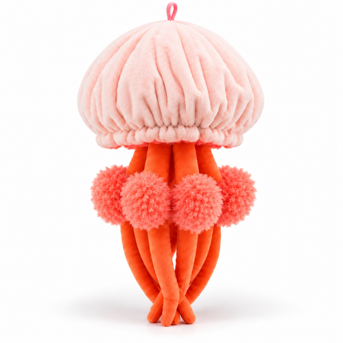 Back view of 30cm peach-pink jellyfish plush toy with gathered dome and pink loop - Toylvia
