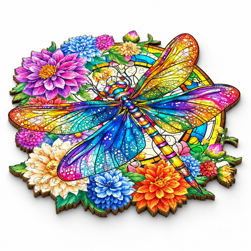 Dragonfly Wooden Jigsaw Puzzle - Expert-Level Vibrant Floral Design - alternate view