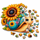 Sunflower snail wooden puzzle two-thirds assembled with loose animal-shaped pieces: rabbits, butterflies and a snail