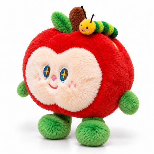 16cm red apple plush bag charm three-quarter view with green caterpillar, leaf and stem on top
