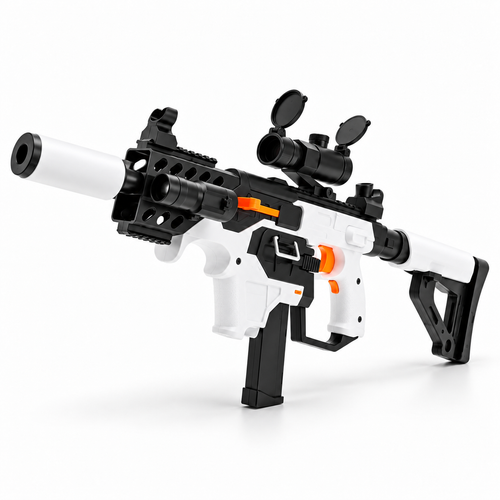 Viktor Short Sword electric soft bullet blaster in white and black, three-quarter view with scope and white suppressor