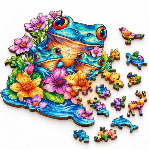 Unique Shape Wooden Jigsaw Puzzle - Frog & Flowers Design - alternate view