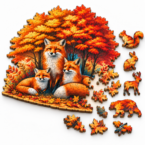 Autumn Fox Family Wooden Jigsaw Puzzle Unique Animal-Shaped Pieces for Adults - alternate view