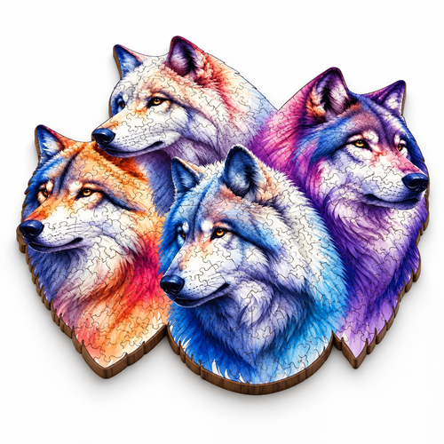 Gray Wolf Pack Wooden Jigsaw Puzzle Unique Animal Shaped - alternate view
