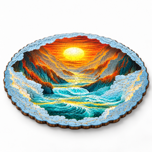 Round Cliff Sea Sunset Wooden Puzzle Irregular Nature Art - alternate view