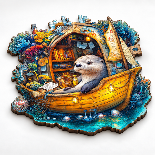 Otter Reading in Boat Wooden Puzzle Animal Pieces Marine Decor - alternate view