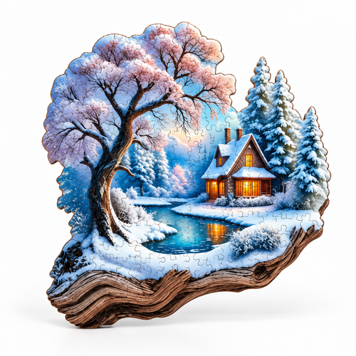 Winter Treehouse Wooden Jigsaw Puzzle Unique Animal Shaped Pieces Snowy Forest Art - alternate view