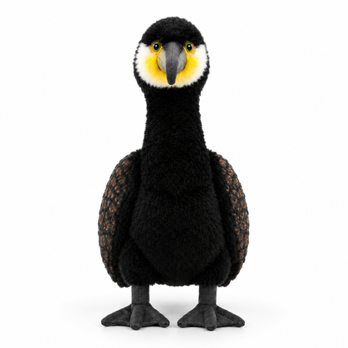 35CM realistic cormorant plush toy, front view with yellow and white face patch and hooked beak
