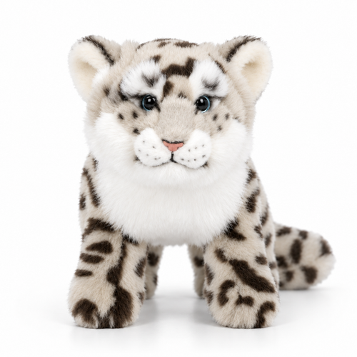19CM realistic snow leopard plush toy, front view with white chest and blue-grey eyes