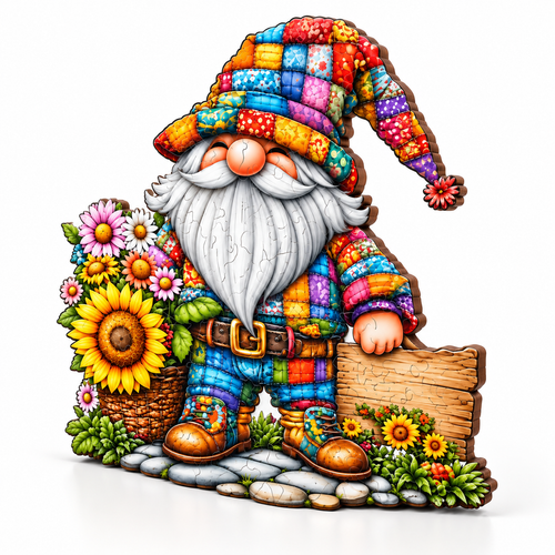 Patchwork Gnome Sunflower Wooden Jigsaw Puzzle Home Decor Gift - alternate view