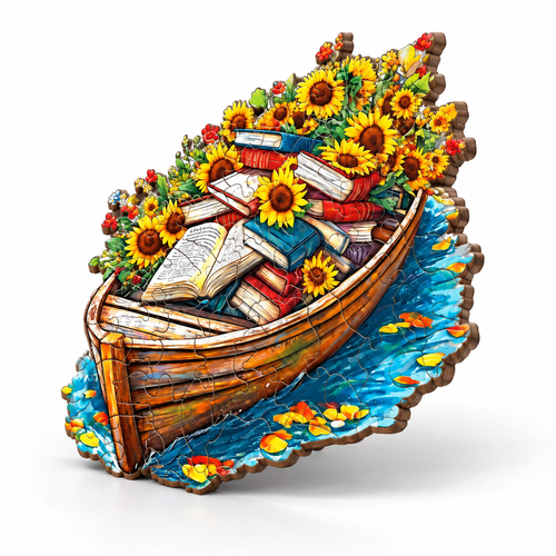 Vintage Boat Wooden Puzzle Stacked Books & Sunflower Art - alternate view