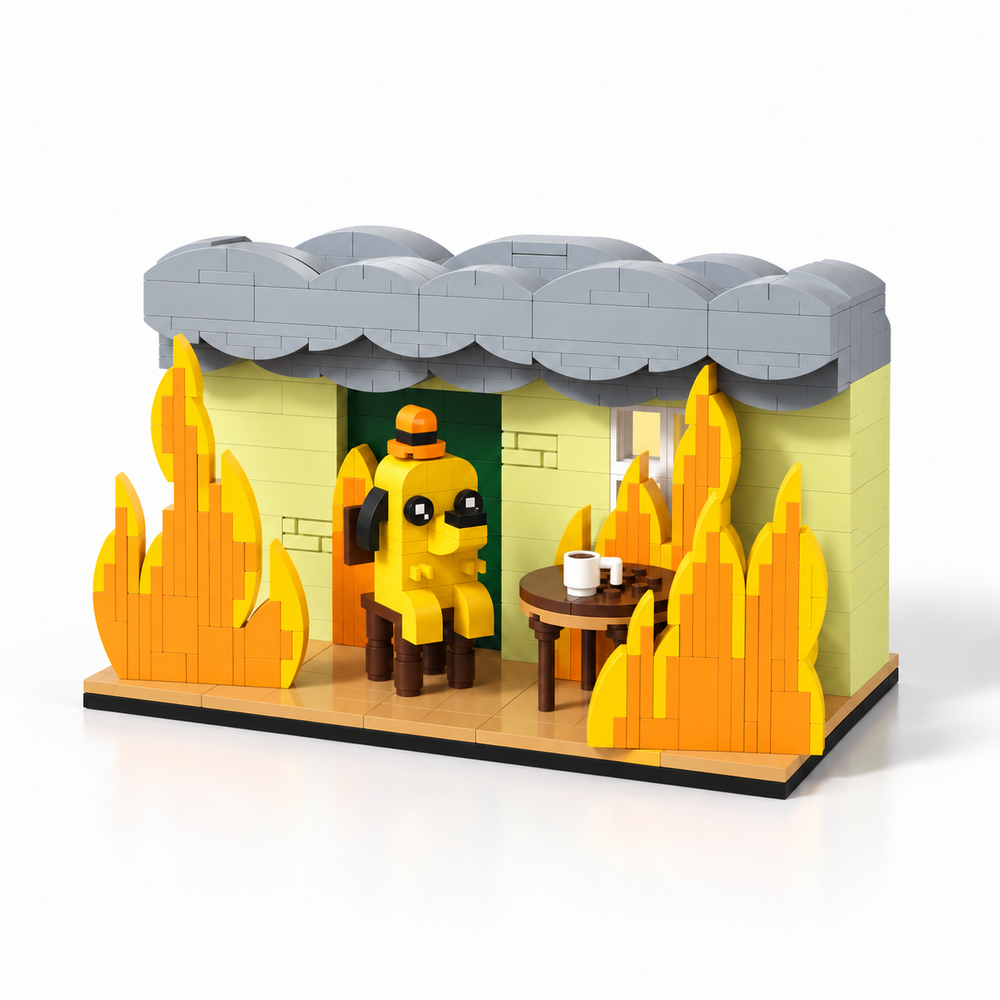 This Is Fine dog building block diorama, three-quarter view with flames and coffee cup - Toylvia