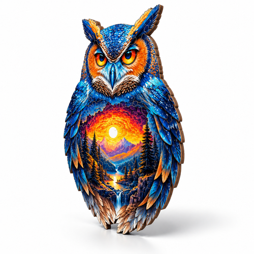 Magical Owl Shaped Wooden Jigsaw Puzzle Sunset Art Decor - alternate view