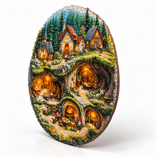 Round Wooden Jigsaw Puzzle - Fairy Tale Forest Gnome Village - alternate view