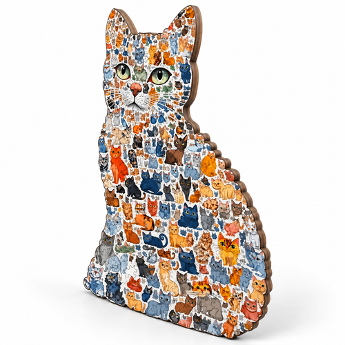 Large Cat Shaped Wooden Puzzle - Unique Animal Pattern Jigsaw - alternate view