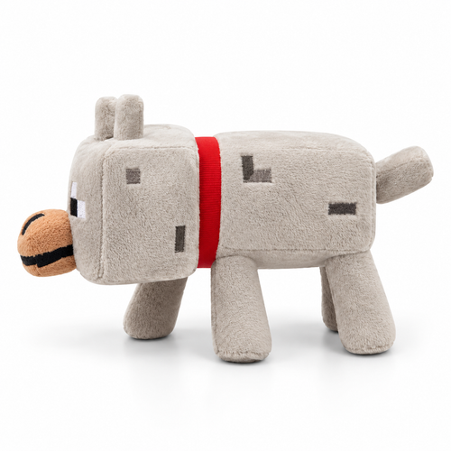 20CM game wolf plush toy, grey boxy plush with red collar and tan muzzle, side profile