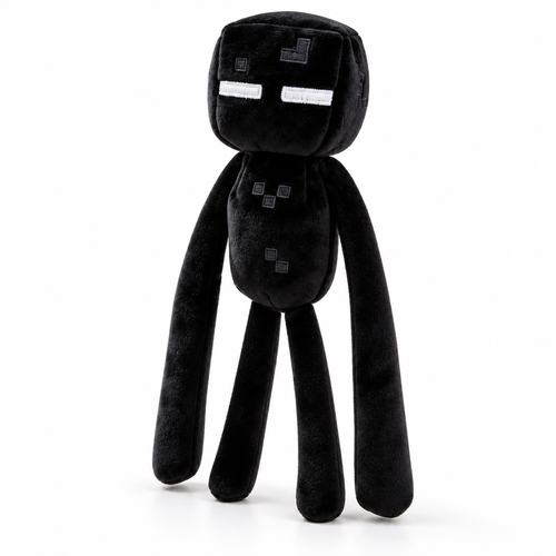 Cute game plush toy, black soft stuffed doll with square head and white eyes, three-quarter view