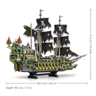 Flying Dutchman pirate ship building blocks model, three-quarter rear view on its stand, 66.5 x 18.5 x 54.5 cm