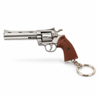 Bright Silver miniature alloy revolver keychain, studio product view.