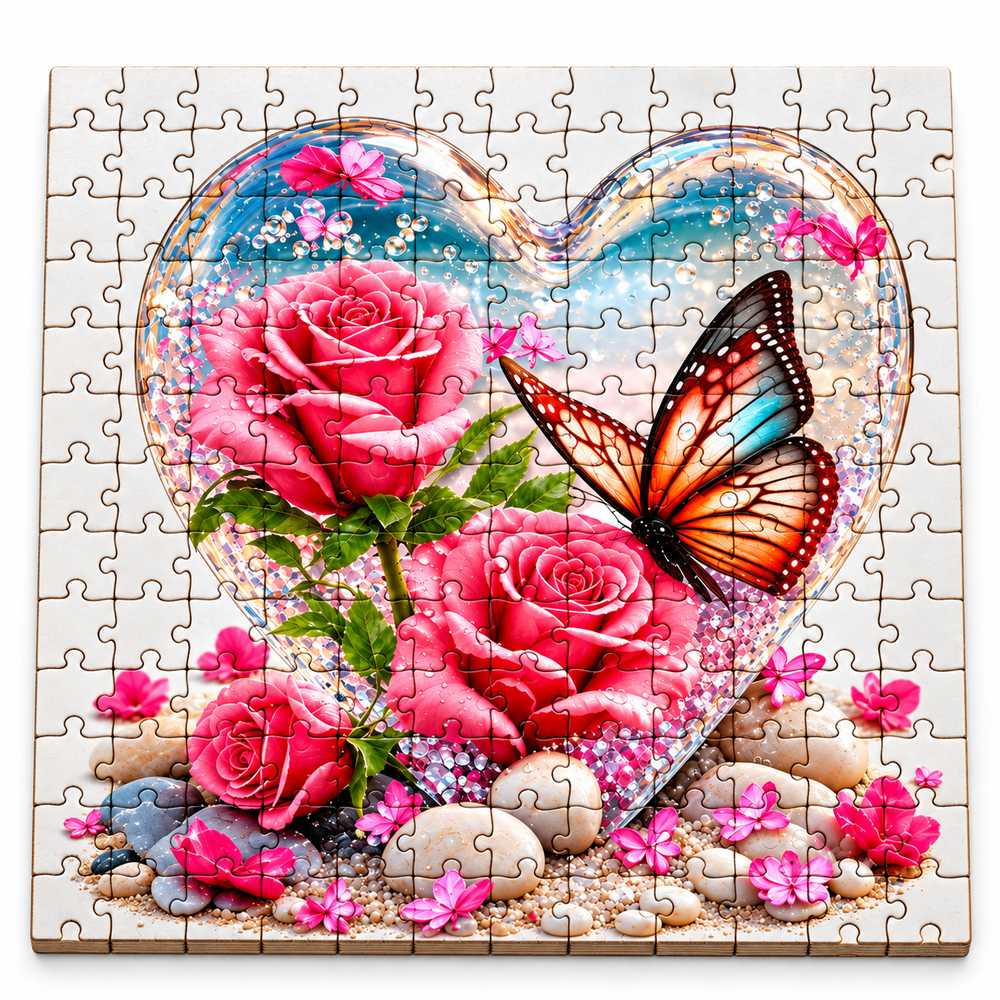 Macro detail of Love in Bloom wooden puzzle roses, butterfly and laser-cut seams