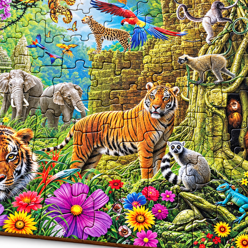 Wild Animal Kingdom Wooden Jigsaw Puzzle Unique Animal Shaped Pieces - alternate view