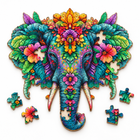 Partially assembled tropical floral elephant wooden puzzle with a few loose matching pieces.