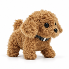Cute electric plush walking puppy in an opposite three-quarter view
