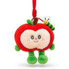 Red apple plush keychain bag charm hanging from its red braided cord with the caterpillar charm