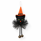 Black cat witch Halloween plush hanging ornament with orange hat, tulle skirt and bells