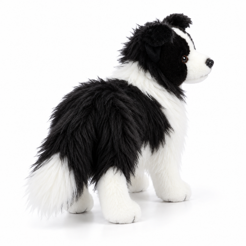 Border collie plush back three-quarter view with fluffy white-tipped tail