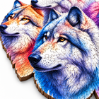 Close-up of the Gray Wolf Pack wooden puzzle showing the wolf faces, fine interlocking cut lines and wooden edge