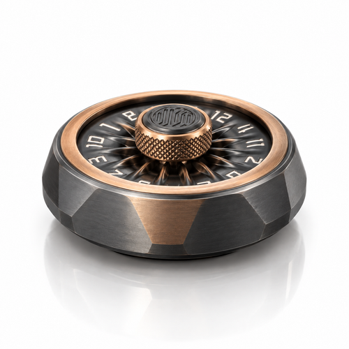 Star Ring metal fidget spinner low side view showing the faceted gunmetal body and bronze bands